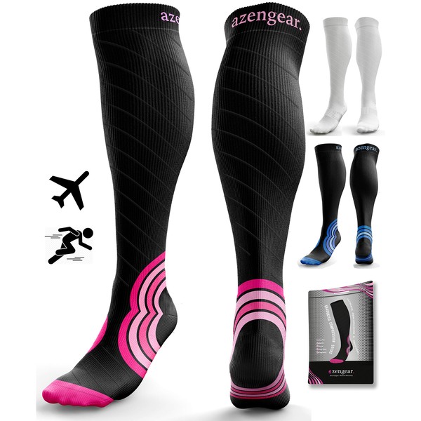 aZengear Compression Socks for Men & Women - Anti DVT Varicose Vein Stockings - Running - Shin Splints Calf Support - Flight Travel - S/M