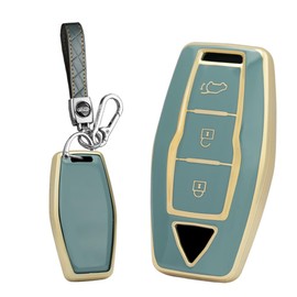 SANRILY Golden-Edge 3 Button 2023 Key Fob Cover Fit for Mitsubishi Outlander 2022 2021 New Key Keyless with Leather Keychain Gray-Blue