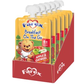 Farex 6+ Months Apple and Oatmeal Baby Porridge Breakfast On The Go Baby Food Pouch No Artificial Flavours, No Preservatives, No Added Colours, No Added Sugars 120g (pack of 6)