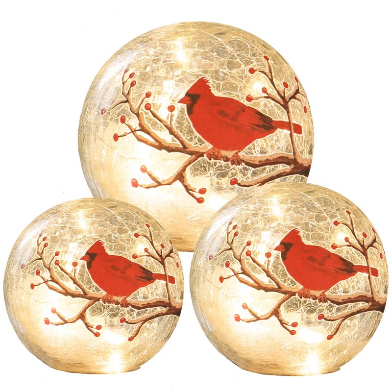 Crackle Glass Ball Cardinal Lamp with Timer, Light Up Red