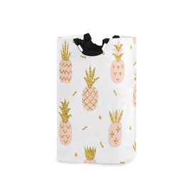 senya Pink Pineapple with Gold Glitter Large Storage Basket with Handles Collapsible Organizer Bin Laundry Hamper for Nursery Clothes Toys
