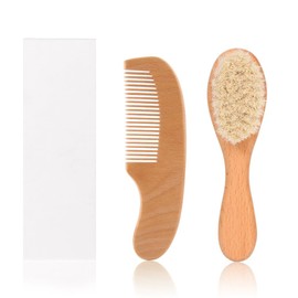 Baby Brush, Baby Hair Brush and Comb Set of 2, Made of Natural Materials, Durable and Beautiful, Scalp Friendly Care, Promotes Blood Circulation, Perfect for Newborns and Babies, Wooden Handle, Goat