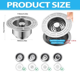 Sink Plug (71-85 mm), 3-in-1 Plug for Kitchen Sink, Stainless Steel Drain Strainer, Kitchen Sink with Strainer Basket, Sink Strainer, Sink Plug, Anti Clogging Drain Plug Sink Strainer