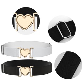 2 Pack Kids Girls Elastic Waist Belts, Girls Elastic Woven Stretch Belts With Fashion Cute Heart Buckle, Adjustable Waist Belts length 55-85cm, black and white 2 piece set