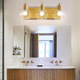 XvmBvm 3 Light Bathroom Vanity Light Fixtures，Bathroom Lighting Fixture Over Mirror, Modern Farmhouse Wooden Wall Sconce, with Clear Glass Lampshade，Suitable for Bedroom, Hallway, and Living Room