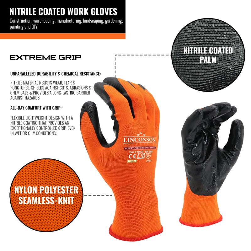 LINCONSON 12 Pack Extreme Grip Lightweight Nitrile Coated Construction &