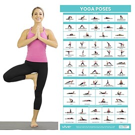 Vive Yoga Poses Poster - Home And Gym Workout Equipment - Double Sided Laminated Flow Chart Accessory - Instructional Guided Routine - Colored Illustrations And Postures - Exercise For Women And Men