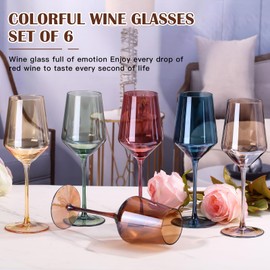 comfit Colored Wine Glasses Set of 6 Hand Blown Colored Crystal 15oz Red Wine Glasses with Stem for Party Bar