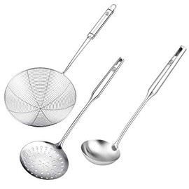 RJ Legend Cooking Spoons Set, Spider Strainer - Slotted Spoon - Soup Ladle, Multi-Use 3 Piece Kitchen Utensil Set, 304 Stainless Steel, Dishwasher Safe