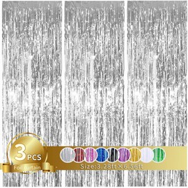3Pcs Silver Metallic Tinsel Foil Fringe Curtains,3.28ft x 6.56ft Silver Photo Booth Backdrop Streamer Curtain,Photo Booth Props,Ideal for Bachelorette,Birthday,Christmas,New Year Party Decorations