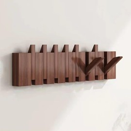 SH-RuiDu Wall Mounted Coat Rack, Handmade Wooden Piano Key Coat Hanger Magnetic Flip Down Wall Hook Rack for Entryway, Bedroom, Bathroom Decoration (Walnut Color, 8 Hooks - 22.1 x 4.7 x 1.4in)