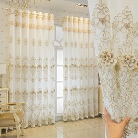Amidoudou 1 Pair European Style Curtains Double Layer with Valances for Living Room Luxury 3D Flower Embroidered Semi-blackout Curtains for Bedroom (White,51x90 Inch)