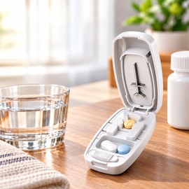 Adjustable Pill Cutter and Tablet Splitter with V-Shaped Holder, Covered Blade, Manual Press-to-Cut Design, Compact Portable Size