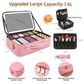 saiggnyy 15"×11" Large Pink Makeup Bag with Mirror, Personal Item Travel Bag with Makeup Mirror 3 Lights, Waterproof Train Case with Mirror and Adjustable Dividers,Professional Lighted Makeup Case