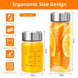 Glass Juice Bottles 4 Pack 10 oz - Wide Mouth Glass Water Bottles with Lids - for Juicing, Smoothies, Milk, Protein, BPA Free, Reusable, Stainless Steel Lids, Leak Proof, Shaker bottle (300 ml)