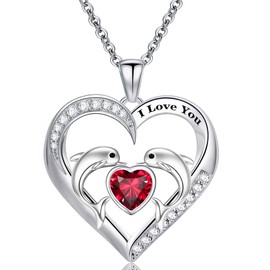 Emma Manor EM 14k White Gold Plated 5A Heart Cubic Zirconia Engraved I Love You Dolphin Heart Pendant Necklace for Women,19nich Cable Chain Romantic Jewelry for Her (Red)