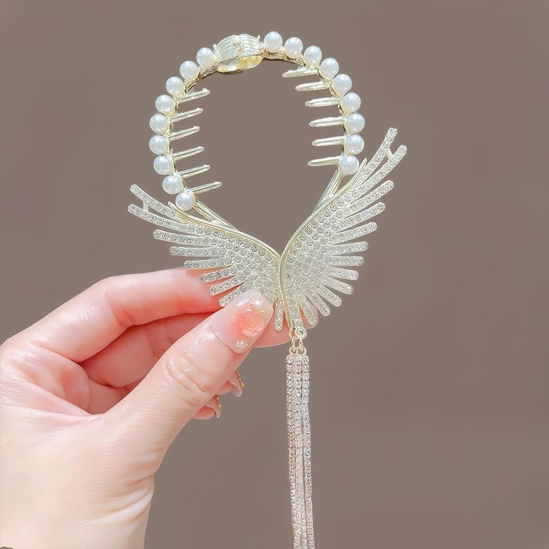 Rannyrena Pearls Tassel Rhinestone Ponytail Claw Clip for Women Crystal