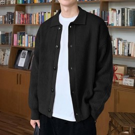 Men's Button Cardigan Loose Fit Autumn Outerwear Knit Black/2XL(100-105)