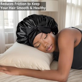 Adjustable Silk & Satin Sleep Bonnet Silk Sleep Bonnets for Women,Satin Bonnet for Curly Hair, Braids - Soft Hair Protection with Tie Band, Women’s Nightcap Accessories (Black)