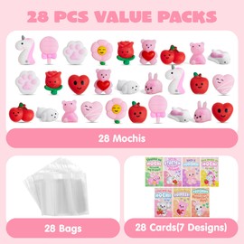 JOYIN 28 Packs Valentines Day Mochi Squishy Toy Gift Cards for Kid, 14 Designs Kawaii Animal Mochi, Mochi Squishy Toy Stress Relief Fidget Toy for Kid Party Favor Classroom Exchange Prize