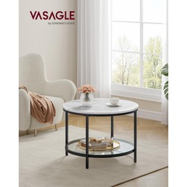 VASAGLE Round Coffee Table, Small Coffee Table with Faux Marble Top and Glass Storage Shelf, 2-Tier Circle Coffee Table, Modern Center Table for Living Room, Marble White and Ink Black ULCT072W13