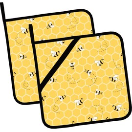 Cute Bee Honeycomb Pot Holders Set of 2,Kitchen Heat Resistant Potholders for Microwave Cooking Baking Oven and BBQ Gifts for Women