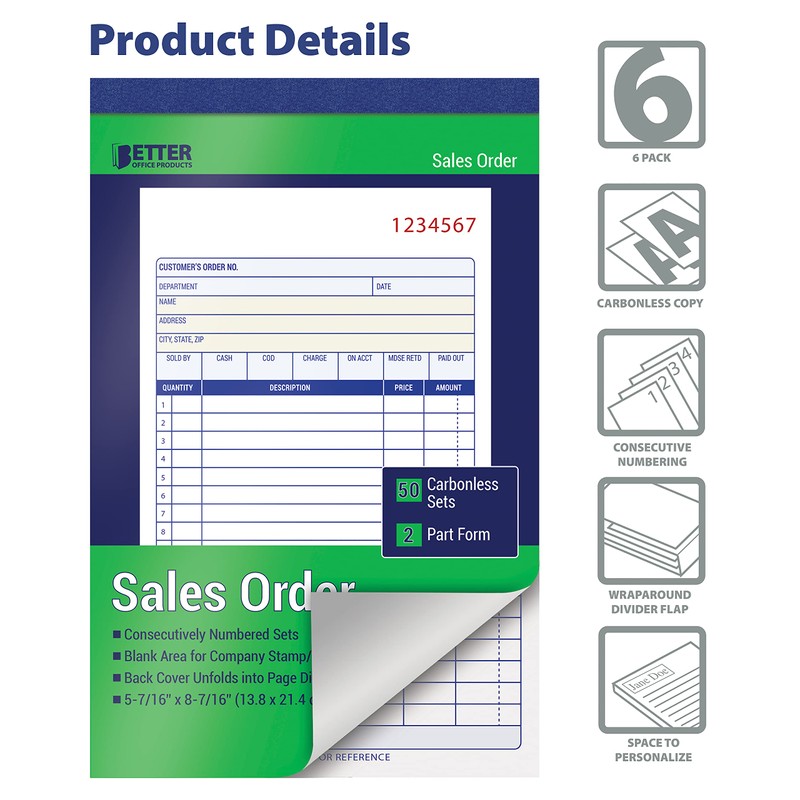 Better Office Products Large Sales Order Books, 6 Pack, 2-Part