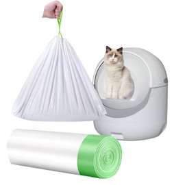 20 Count Cat Drawstring Litter Box Liners 26.6x16.7 inches 2Mils Super Thick White Cat Litter Waste Bags Poop Bags for Self-Cleaning Litter Box Cat Litter Pan Trays (Green Drawstring 20 count)