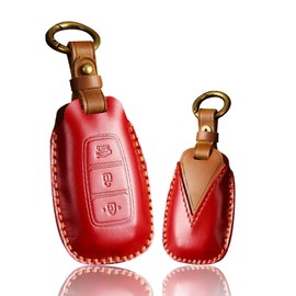 Ontto Leather Car Key Case fit for Hyundai Palisade Accent Santa Fe Veloster Kona Electric Nexo Elantra GT i30 Key fob Cover Keyring Remote Key Holder Keychain Key Protective Accessories Red
