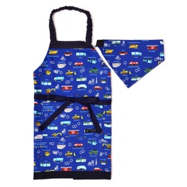 Colorful Candy Style N1233140 Kids’ Apron, Boys, Triangular Kerchief Set, Elementary Students, Easy to Put On and Remove, 39.4 - 47.2 inches (100 - 120 cm), Floor It Full Throttle, Work Vehicles (Royal Blue)