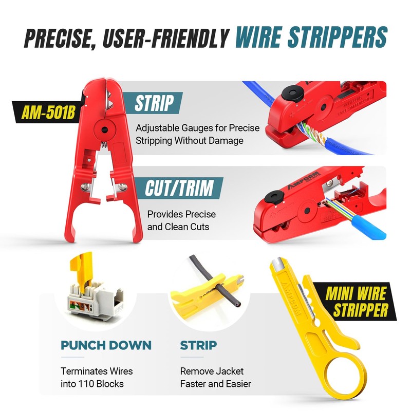 AMPCOM Ethernet Crimping Tool Kit 9-in-1 Pass Through RJ45/RJ11 Network