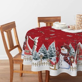 Artoid Mode Red House Trees Snow Snowman Christmas Table Cloth, Round 140 cm Winter Xmas Table Cover Protector For Party Home Table Decorations