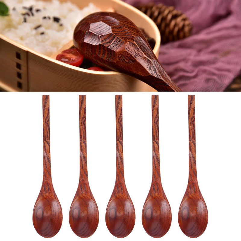 5PCS Japanese Style Wood Spoon Long Handle Soup Spoons Household