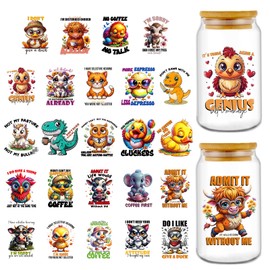 Rngmsi UV DTF Cup Wraps - 24 Sheets Funny Animal UV DTF Cup Wraps for 16 oz Glass, Humorous Quotes Chicken Cat Cow Owl Rub on Transfer Sticker, Uvdtf Decals for Water Bottle DIY Fun Crafts