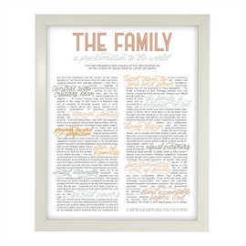 Framed Hand-Lettered LDS The Family A Proclamation To The World, LDS Print Wall Decor And Wall Art For Home And Family (Pink Art, White 11x14 Frame)