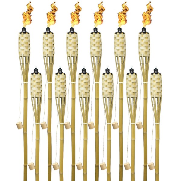 Matney Bamboo Torches – Includes Metal Oil Canisters with Covers to Extinguish Flame – Great for Outdoor Decorating, Luau, Parties, Extra Long 60 Inches (12 Pack)
