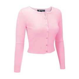 YEMAK Women's Cropped Cardigan Sweater – Long Sleeve Crewneck Basic Classic Casual Button Down Knit Soft Lightweight Top MK5502-Light Pink-XL