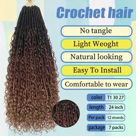 T1 30 27 Goddess Locs Crochet Hair Brown Blonde Ombre Pre Looped Braiding Hair 84 Strands Bohemian Faux Locs 24Inch Boho Braids River Locs Dreadlocs Hair for Black Women