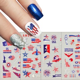 4Sheets Independence Day Colorful Firework Nail Art Stickers 4th of July Embossed Nail Art Decals Design Holographic Patriotic Starry Sky American Flag for Women Memorial Day Manicure Decoration