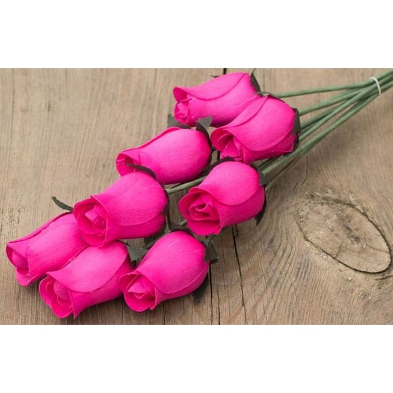 Hot Pink Bunch of 8 Closed Bud Wooden Roses for