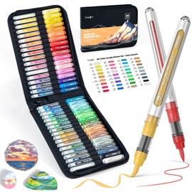 JusArt 36 Colors Acrylic Paint Markers with Canvas Bag, School Water-Based No-Bleed Paint Pens with Automatic Ink Control, Waterproof Brush Tip Markers for Rock, Egg, Wood, Fabric, Glass, DIY Crafts