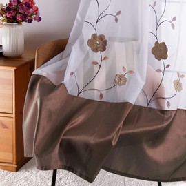 SIMPVALE Sheer Voile Floral Embroidery Curtains with Eyelets Transparent Curtain Living Room Bedroom Brown 140 x 225 cm (W x H) Pack of 2