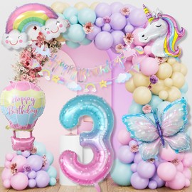 Unicorn Birthday Decoration Girl, 3 Years Butterfly Birthday Decoration, Unicorn Decoration Children's Birthday, 1-10 Years Happy Birthday Decoration, Unicorn Balloons for 3rd Birthday Girl Decoration