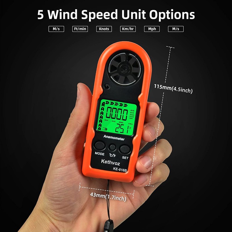 Kethvoz 816B Digital Anemometer, Handheld Wind Speed Meter for HVAC
