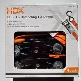 HDX 4-pack, 15 ft x 1in Ratcheting Tie-Downs, Brand New In Box