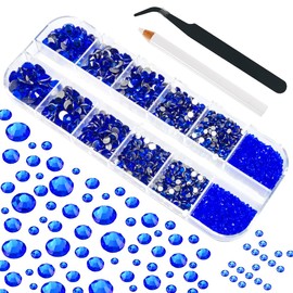 4010pcs Blue Rhinestones Sapphire Blue Nail Rhinestones Flatback Stones K9 Glass Royal Blue Nail Gems Crystals Nail Charms Nail Art Kit 6 Sizes(1.6-6.1mm) to SS30 for Nails Face Eyes Makeup Crafts