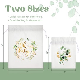 2 Pack Baby Shower Bags Boho Gift Bags Drawstring Greenery Fabric Floral Bags Canvas Gift Bags 20 Inch Large 12 Inch Small Reusable Gift Wrap Bags for Baby Shower Gender Reveal Birthday Party Favors