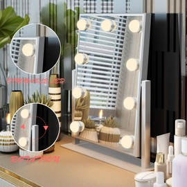 FENCHILIN Hollywood Mirror with Light Large Lighted Makeup Mirror Vanity Makeup Mirror Smart Touch Control 3Colors Dimable Light Detachable 10X Magnification 360°Rotation(White)