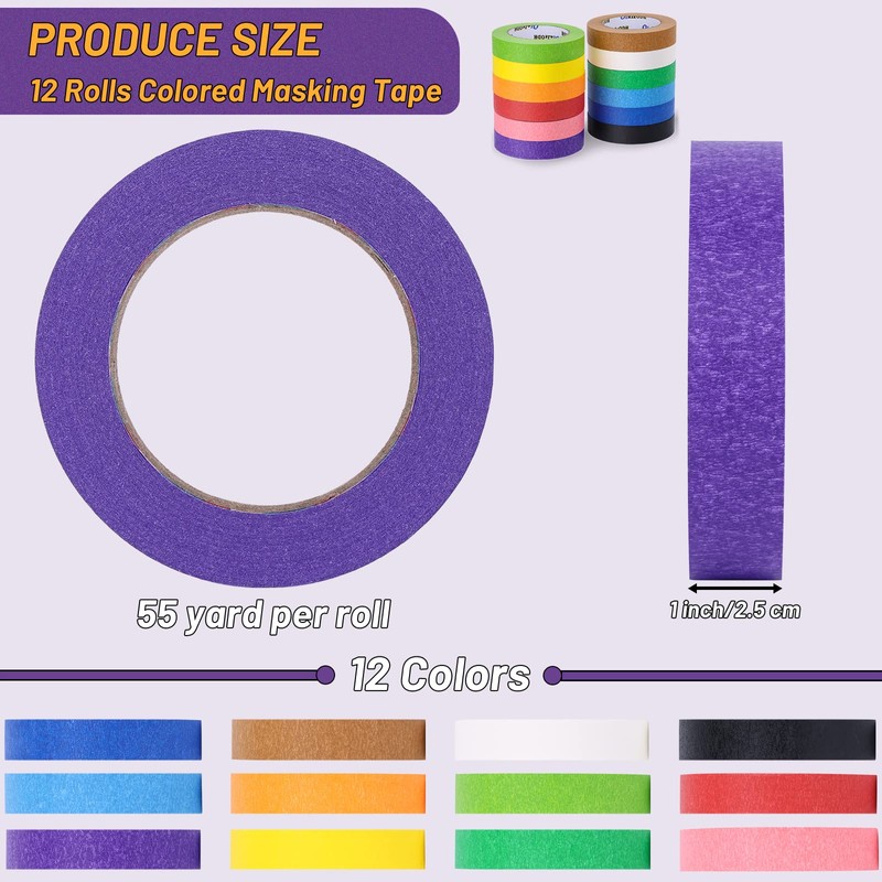 Oleitodh 12 Rolls Colored Masking Tape-1 inch x 660 Yards