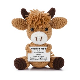 JoycuFF Positive Highland Cow Gifts Mini Emotional Support Crochet Gifts for Women Stocking Stuffers Funny Animals Crochet Decor Cheer Up Knitted Cow for Women Men Friends Coworker